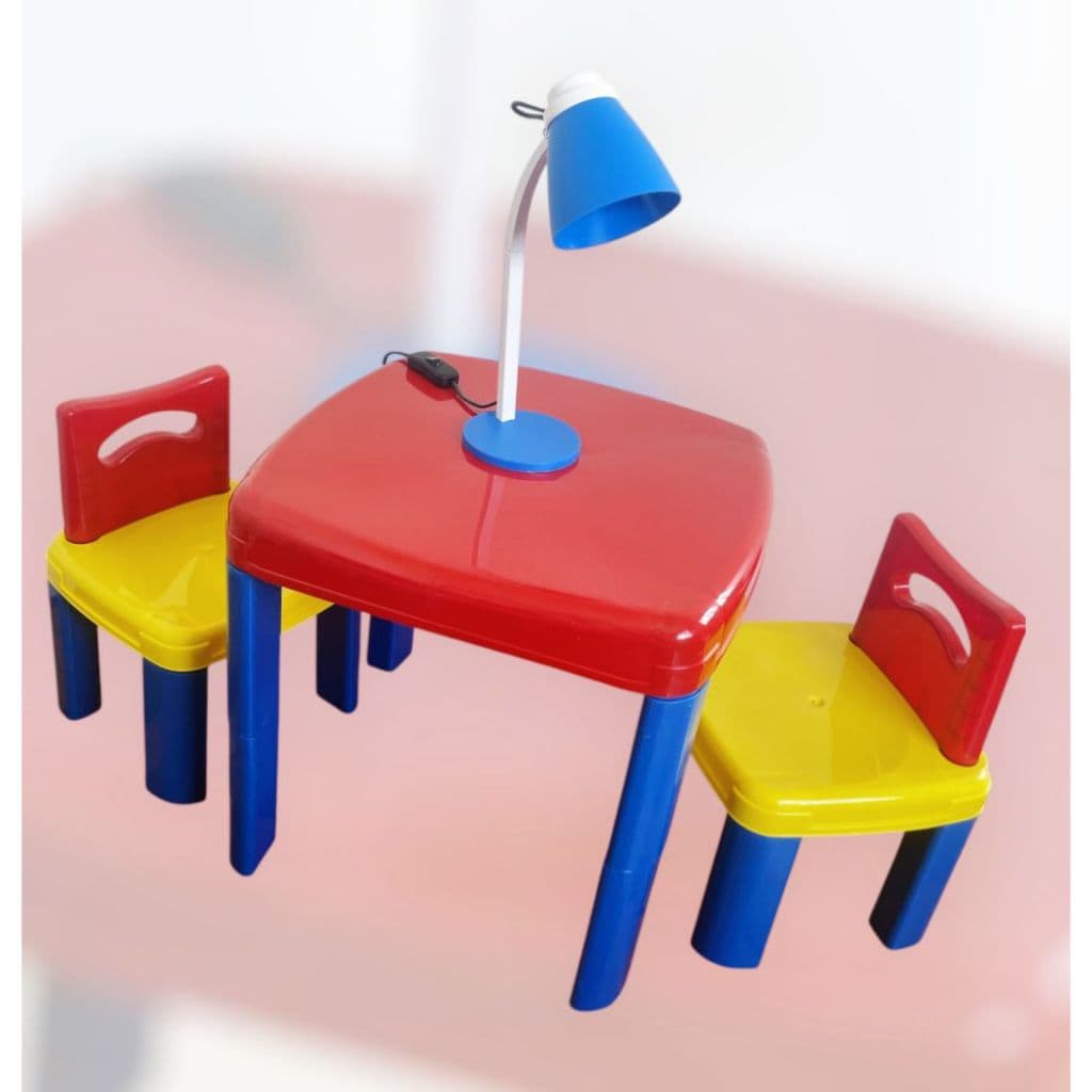 kit Mesa Mesinha Infantil  Didática com 2 Cadeiras com  Luminária Abajur Azul Menino Menina