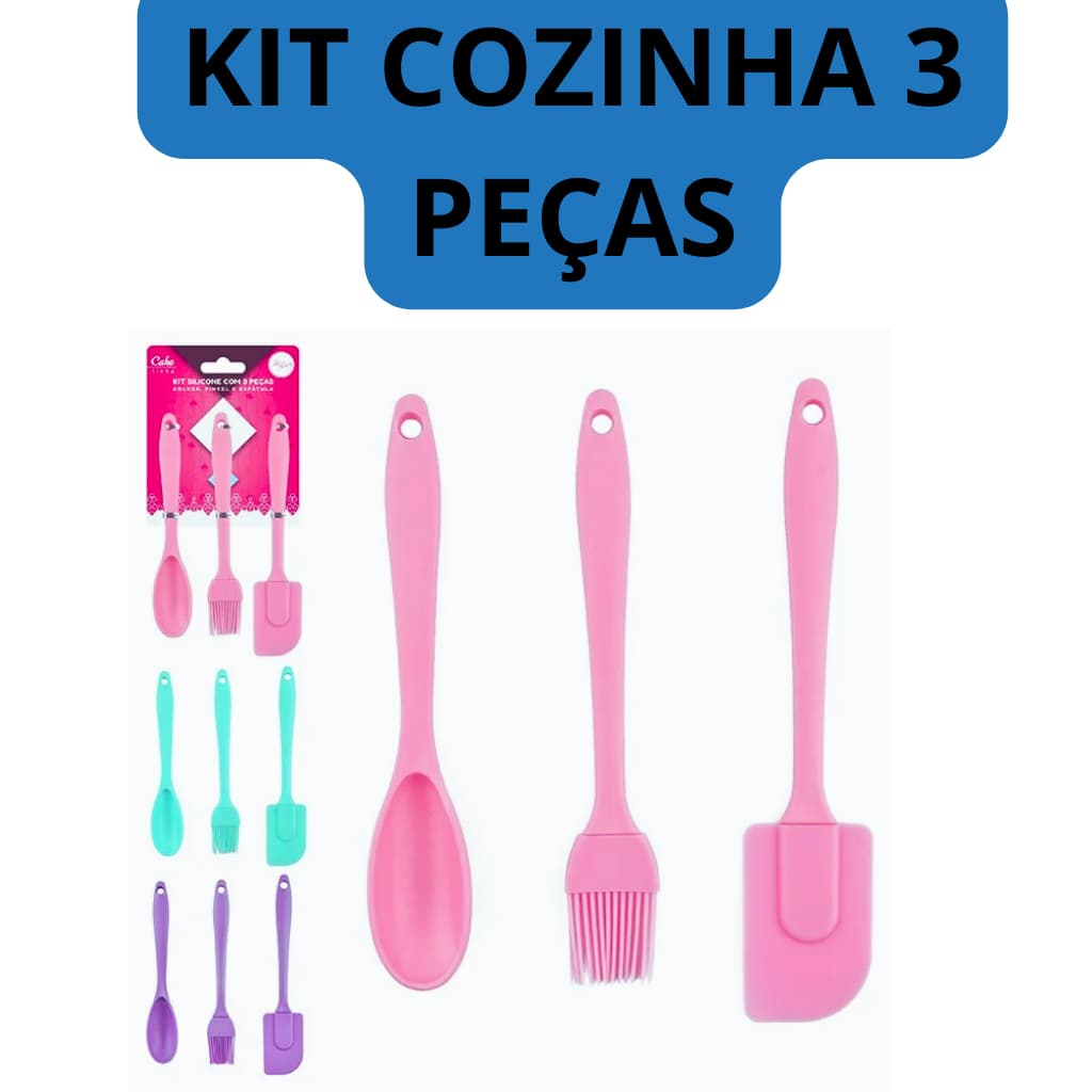 KIT DE COZINHA 3 PEÇAS COLHER PINCEL ESPÁTULA SILICONE KIT  CONFEITEIRO