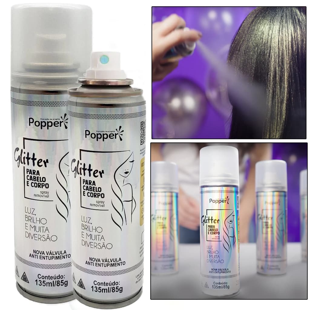 Spray Glitter Holográfico Para Cabelos E Corpo 135ml Popper