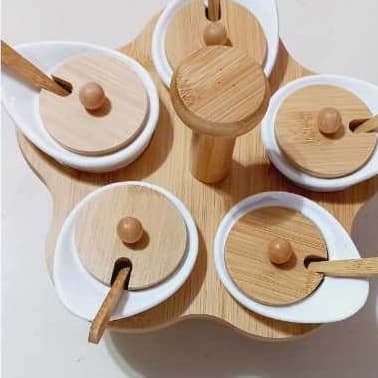 Porta Tempero Petisqueira Ceramica  Com Colher E Suporte Giratorio Bambu 5 Pçs 100Ml