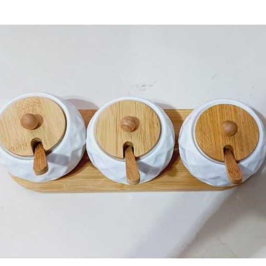 Porta Tempero Petisqueira Açucareiro Ceramica Com Colher E Suporte Bambu 7Pçs 100ml Para Bancada E Mesa