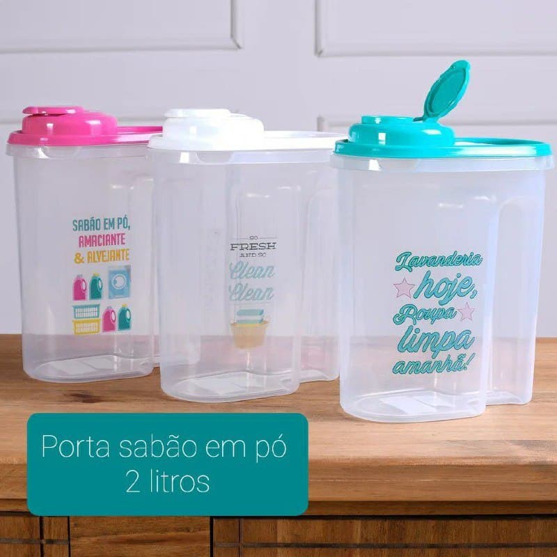 Porta sabão em pó/liquido 2 litros com tampa flip e bem resistente + brinde (pote