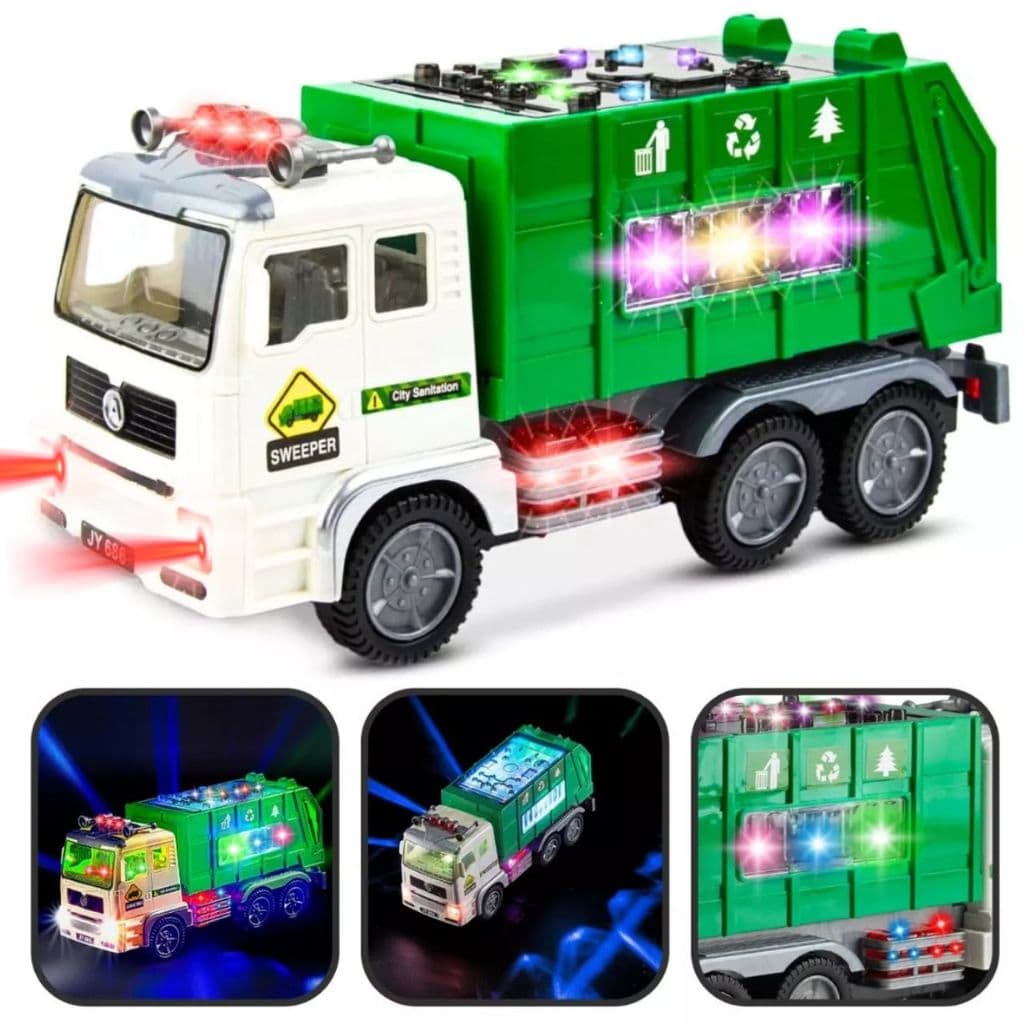 Brinquedo Carrinho Caminhão Bate Volta Coletor De Lixo Com Som E Luzes 4d Cor Verde Presente Menino