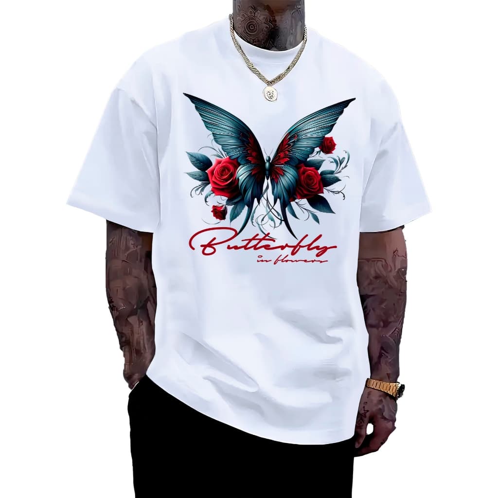 Camiseta BRANCA Unissex Butterfly In Flowers  Camisa Casual Premium 100% Algodão Estampa Especial