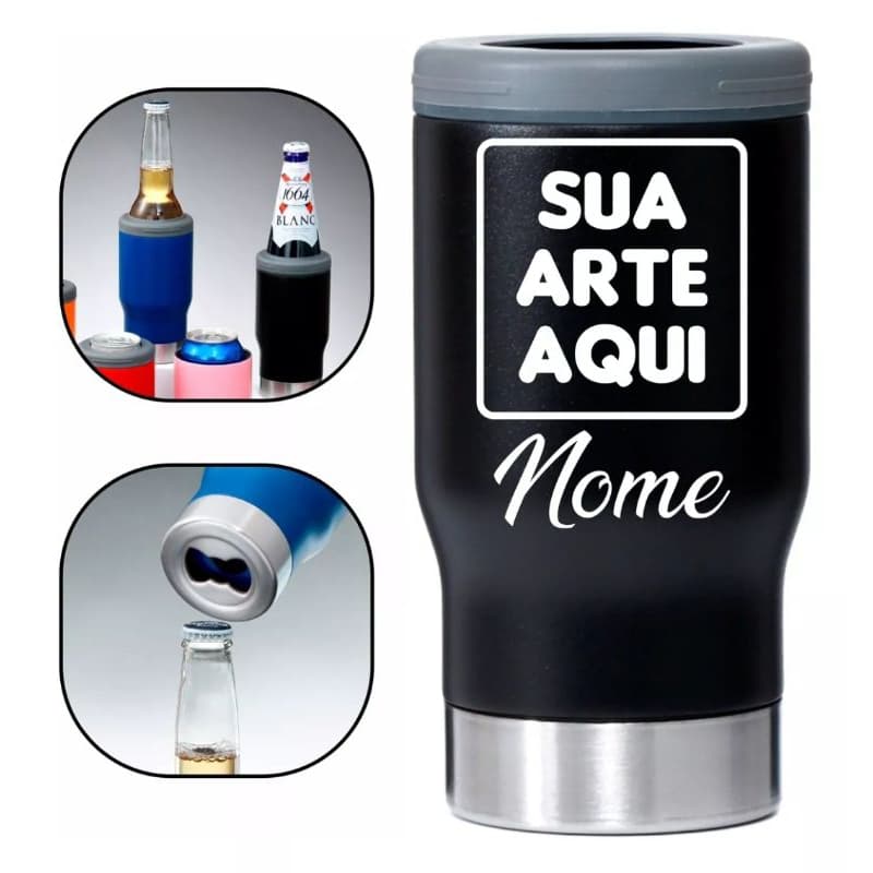 Copo Térmico 6 em 1 Personalizado 420ml Porta Lata Barrigudinha Long Neck c/ Abridor Inox
