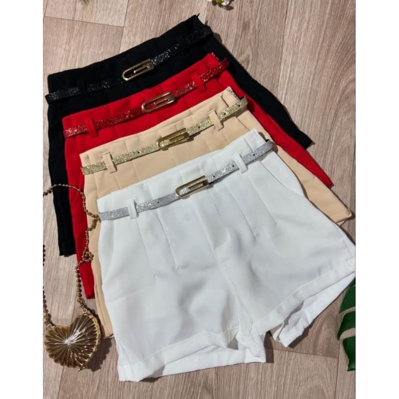 Shorts alfaiataria com cinto de brilho feminino