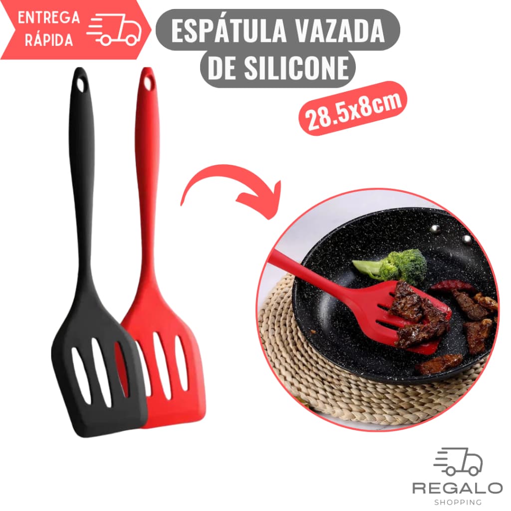ESPÁTULA VAZADA DE SILICONE COM FURO PASSANTE PREMIUM PARA COZINHA PROFISSIONAL