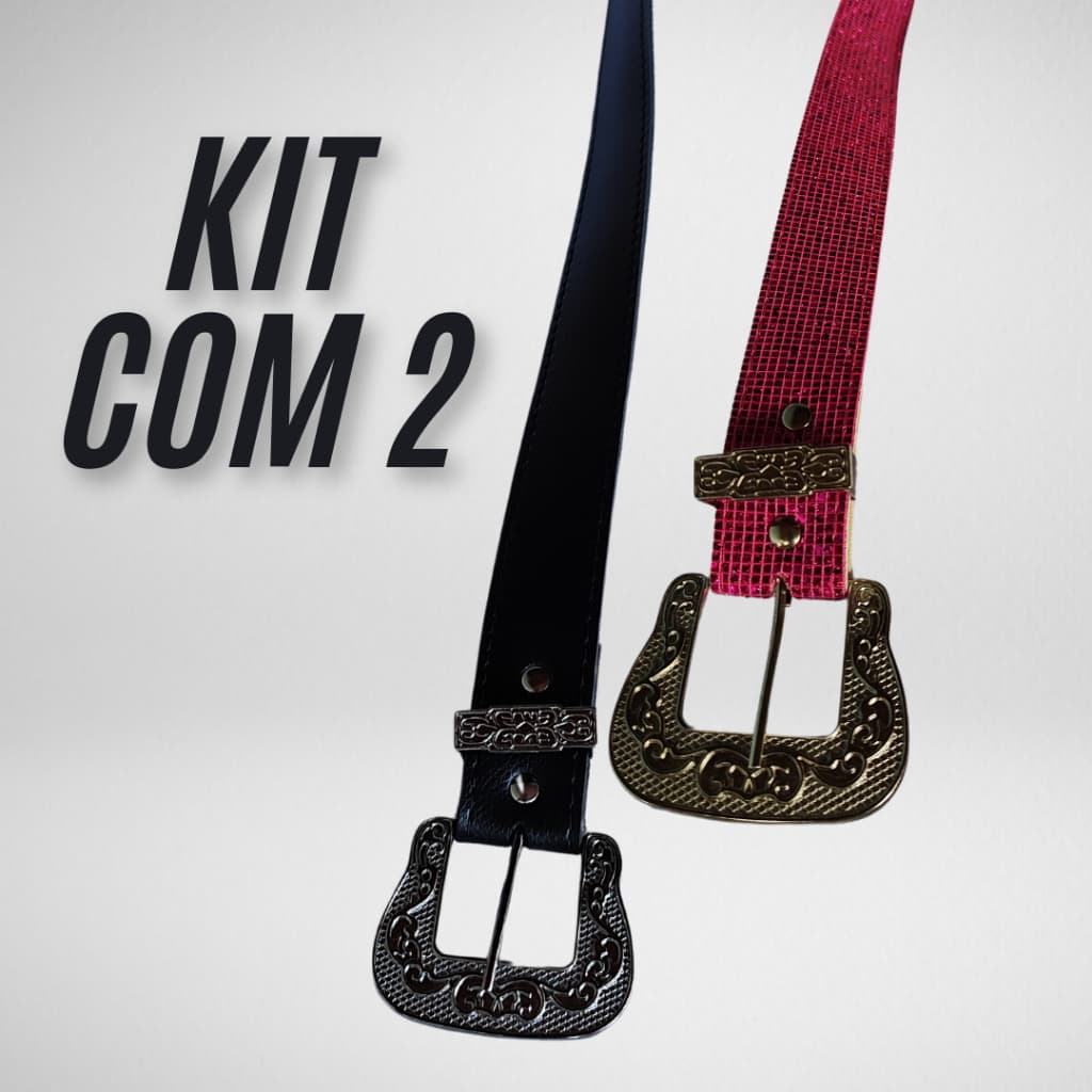 Kit Dois Cintos Em Couro Sintético Premium Fivela Sertanejo Preto e Vermelho Moda Blogueira