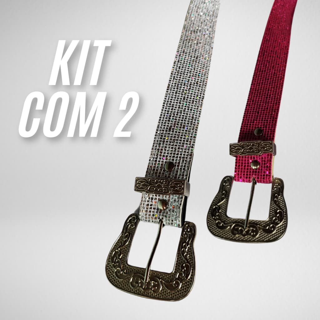 Kit Dois Cintos Em Couro Sintético Premium Fivela Sertanejo Prata e Pink Moda Blogueira