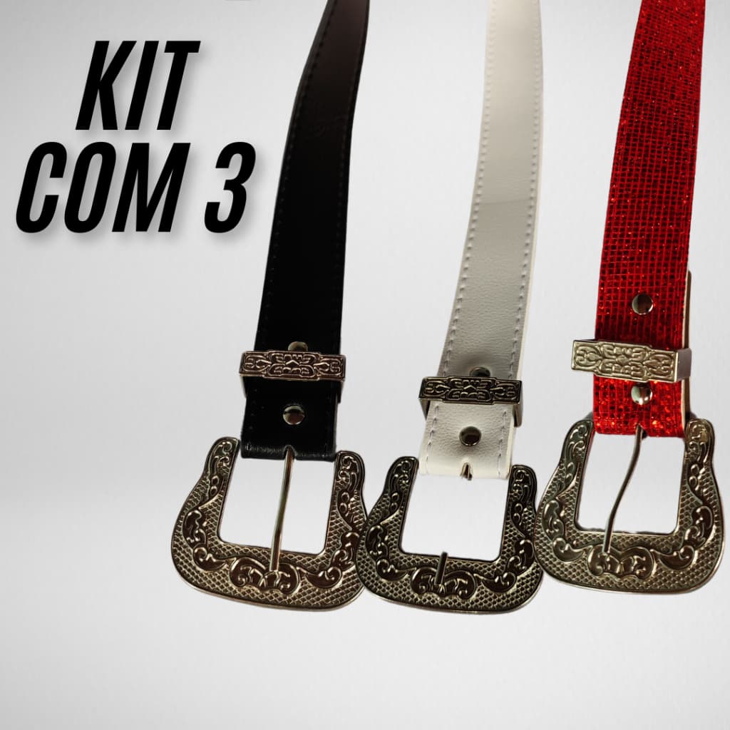 Kit com 3 Cintos Couro Sintético Fivela Sertaneja com Glitter Preto Branco e Vermelho Feminino