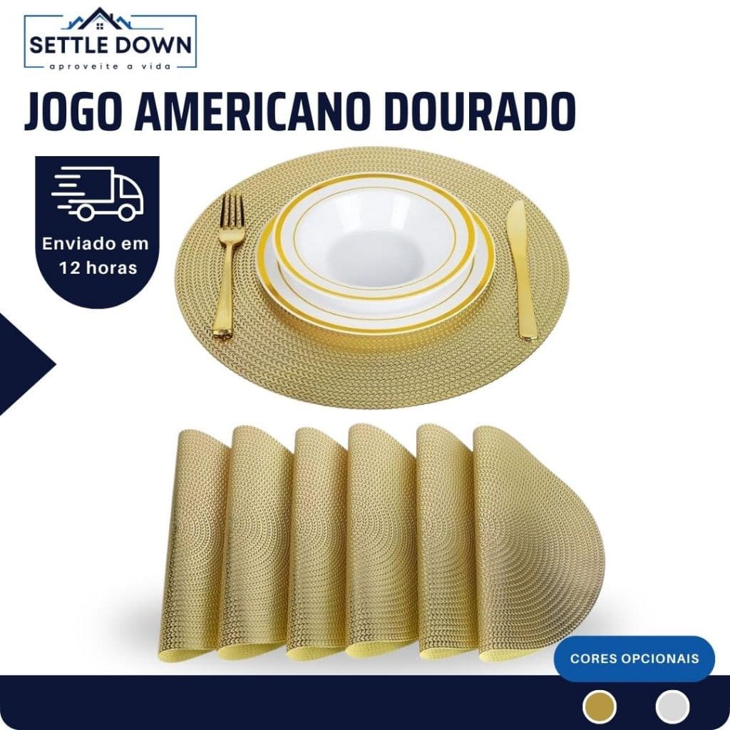Kit 6 ou 10 Peças Jogo Americano Redondo Cozinha Jantar Jogo americano dourado