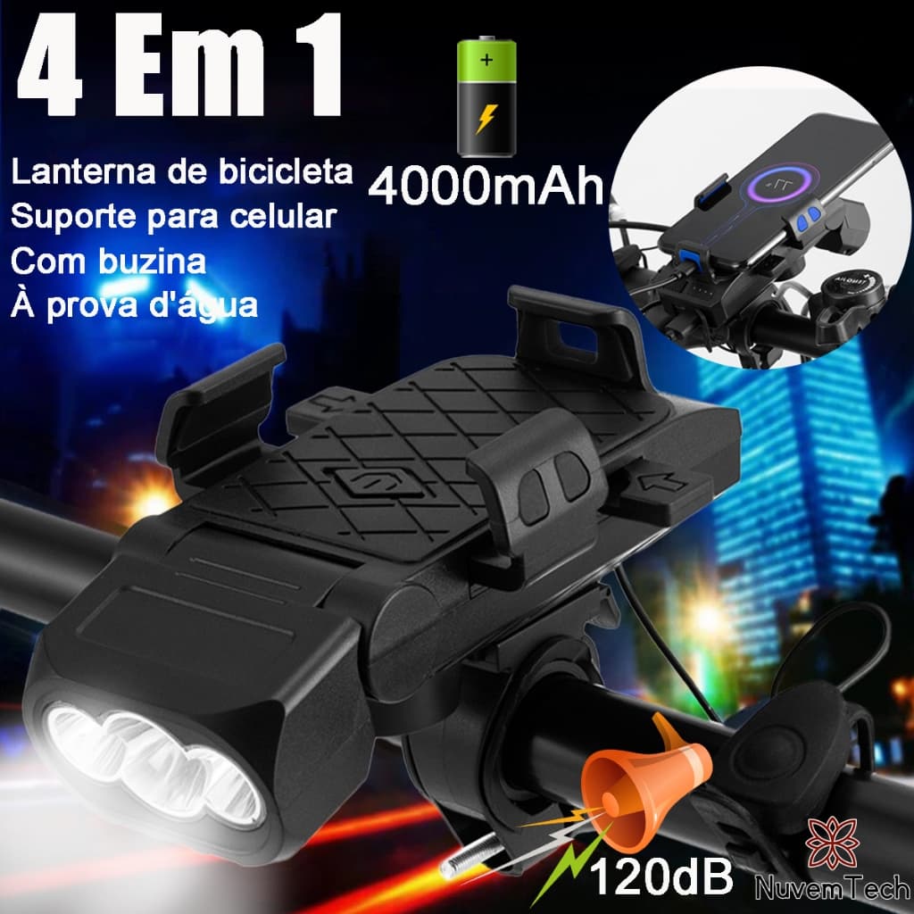 Kit Lanterna Bike Com Buzina Suporte Para Celular  4 Em 1 Multifuncional Farol Bicicleta Recarregável À Prova D'Água