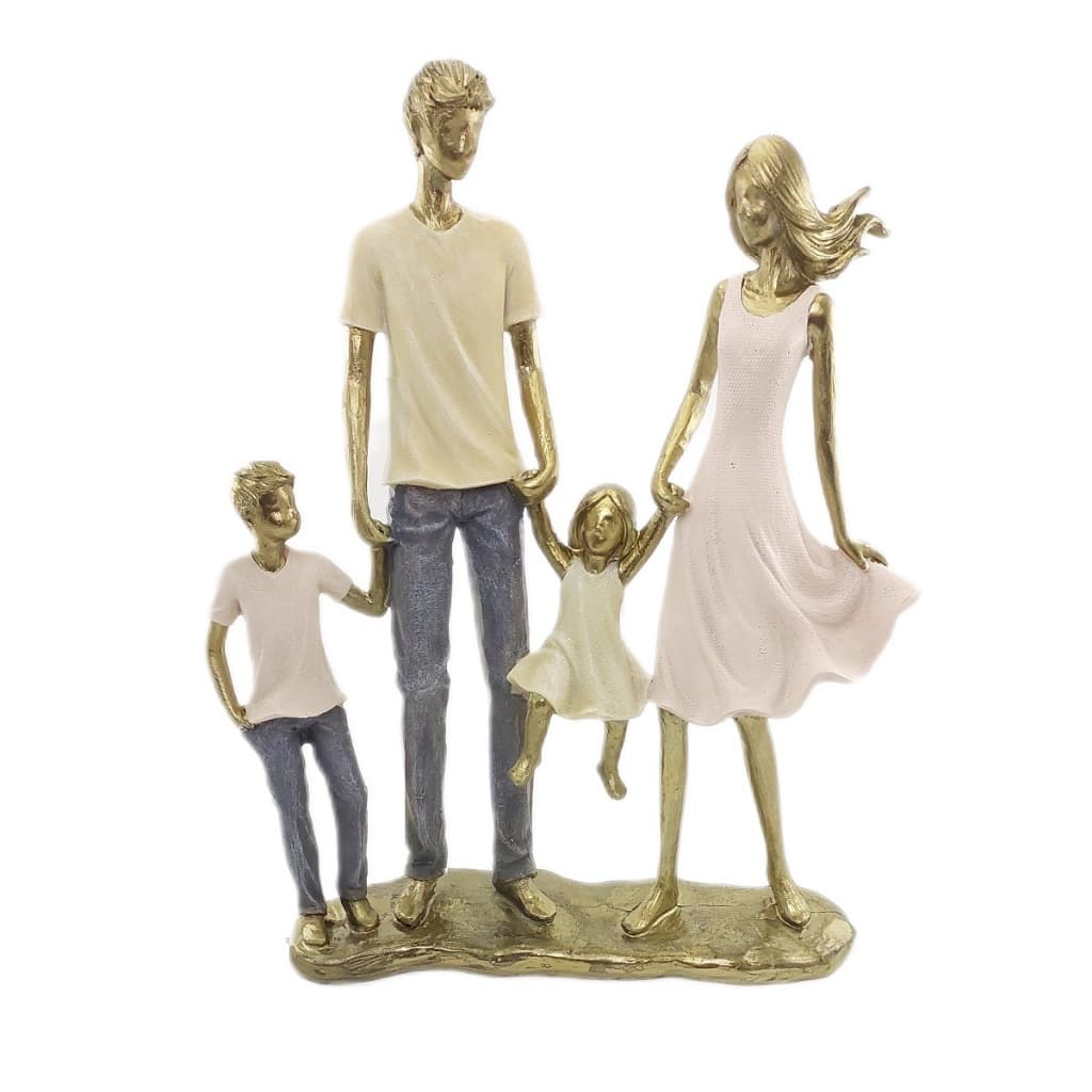 Escultura Familia Decorativa Pai Mãe Menino maior Menina menor Estatueta Casal com Filho e Filha Resina Dourado Enfeite