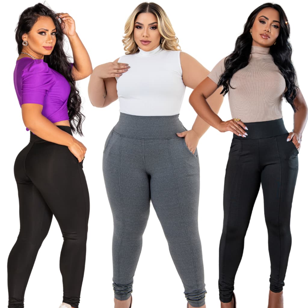 Kit 3 Calças Legging Feminina Cós Alto Leg Tecido Grosso Efeito Lipo Com Bolso Do M ao G4