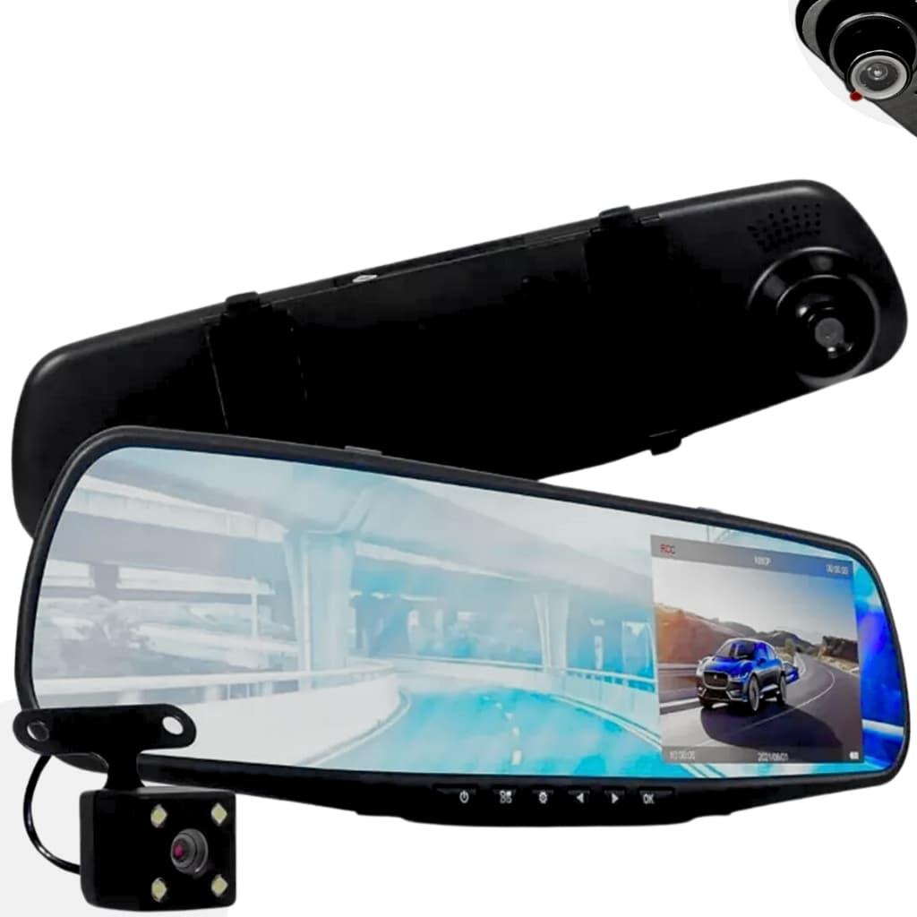 Câmera De Ré + Frontal C/ Gravação + Espelho Retrovisor Lcd