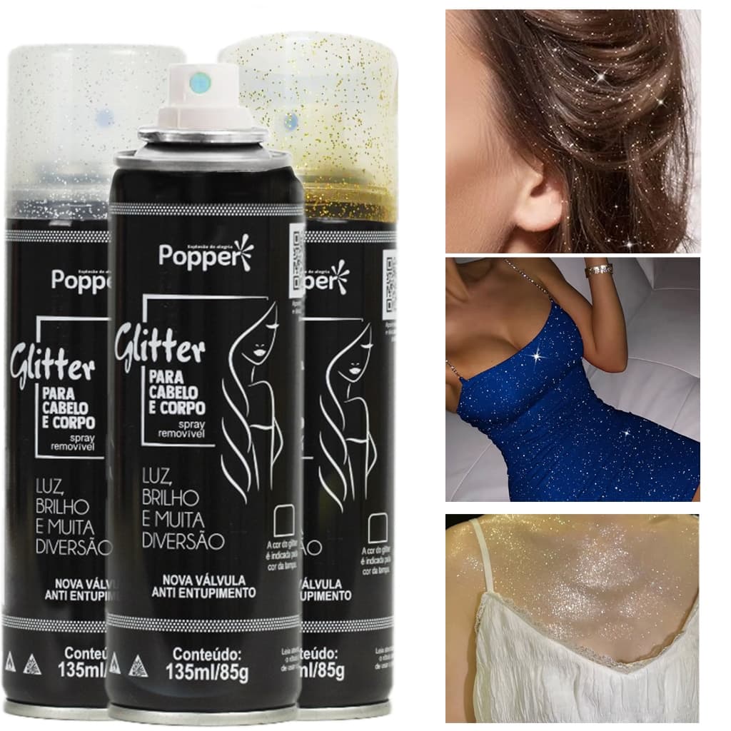 Spray Glitter Purpurina Removível Para Cabelo e Corpo Popper Prata, Pink e Dourado para festas e eventos