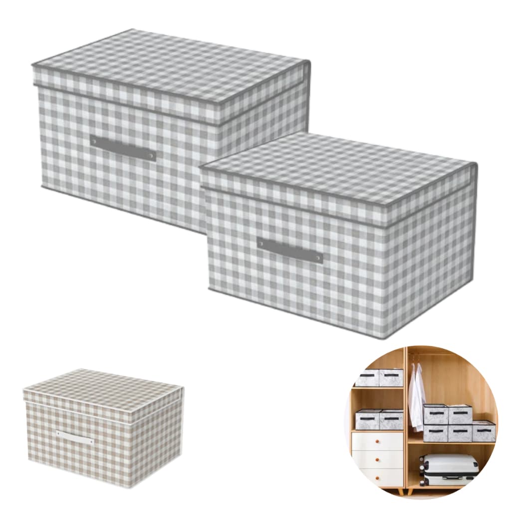 Kit 2 Caixas Organizadora Xadrez Estampada Multiuso Com Tampa Dobrável Guarda Roupa Closet