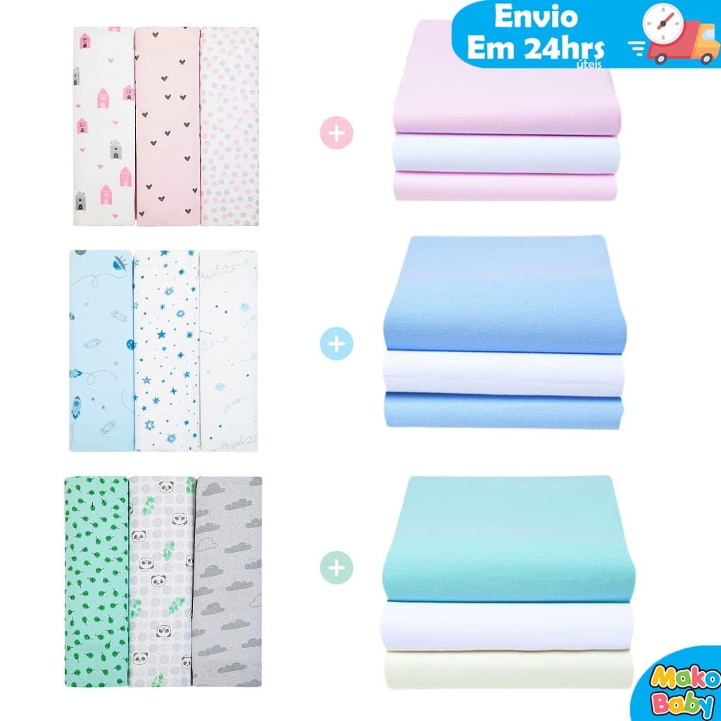 Kit 6 Cueiro Bebê Flanelado Estampado e Liso 50cm x 80cm