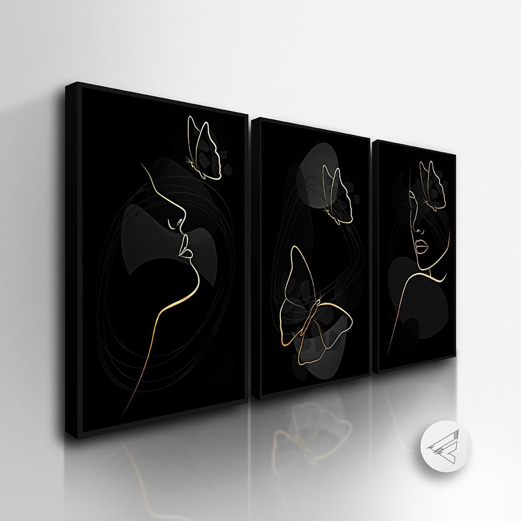 Kit 3 Quadros Decorativos Moderno Borboletas Vetor Gold Beleza, Quarto, Sala All