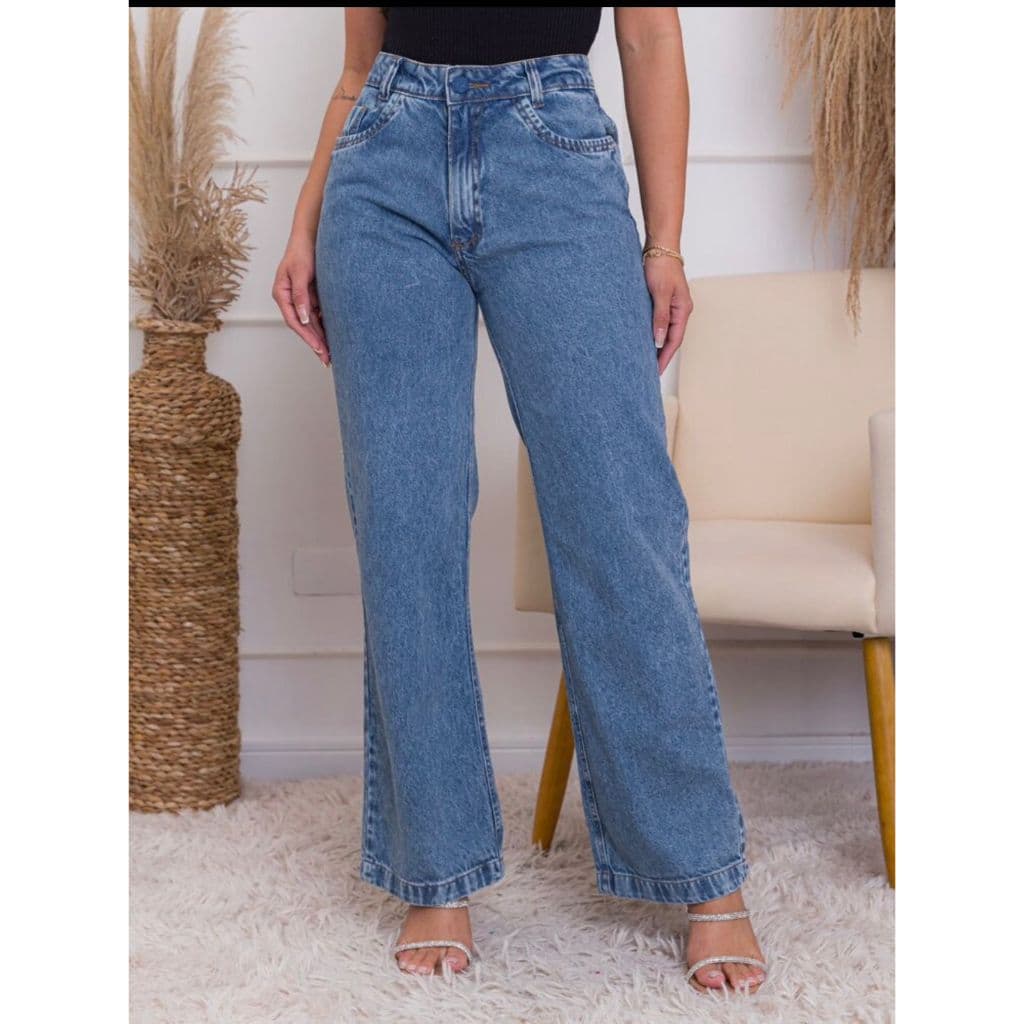 Calça Wide Leg Pantalona Jeans Feminina Cintura Alta Levanta Bumbum