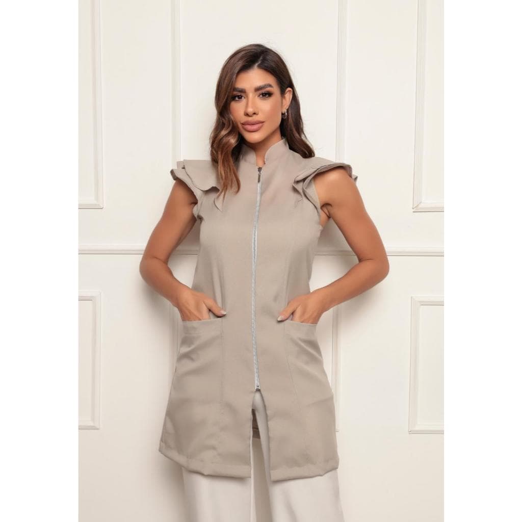 Jaleco Feminino Manga Curta Valentina Oxford Zíper Cinza Gardenia Jalecos