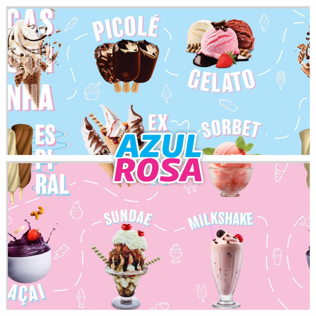 Papel de Parede Adesivo Decorativo Sorvete Sundae Milkshake Casquinha Picolé Rosa e Azul