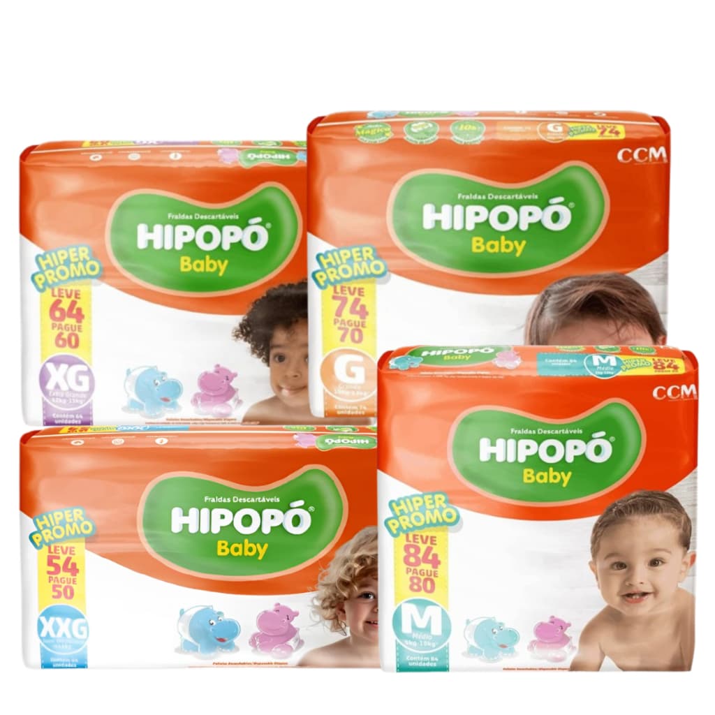Fralda Descartavel Hipopó Baby Pacotão Hiper - M G XG XXG 10h de Proteção e absorção