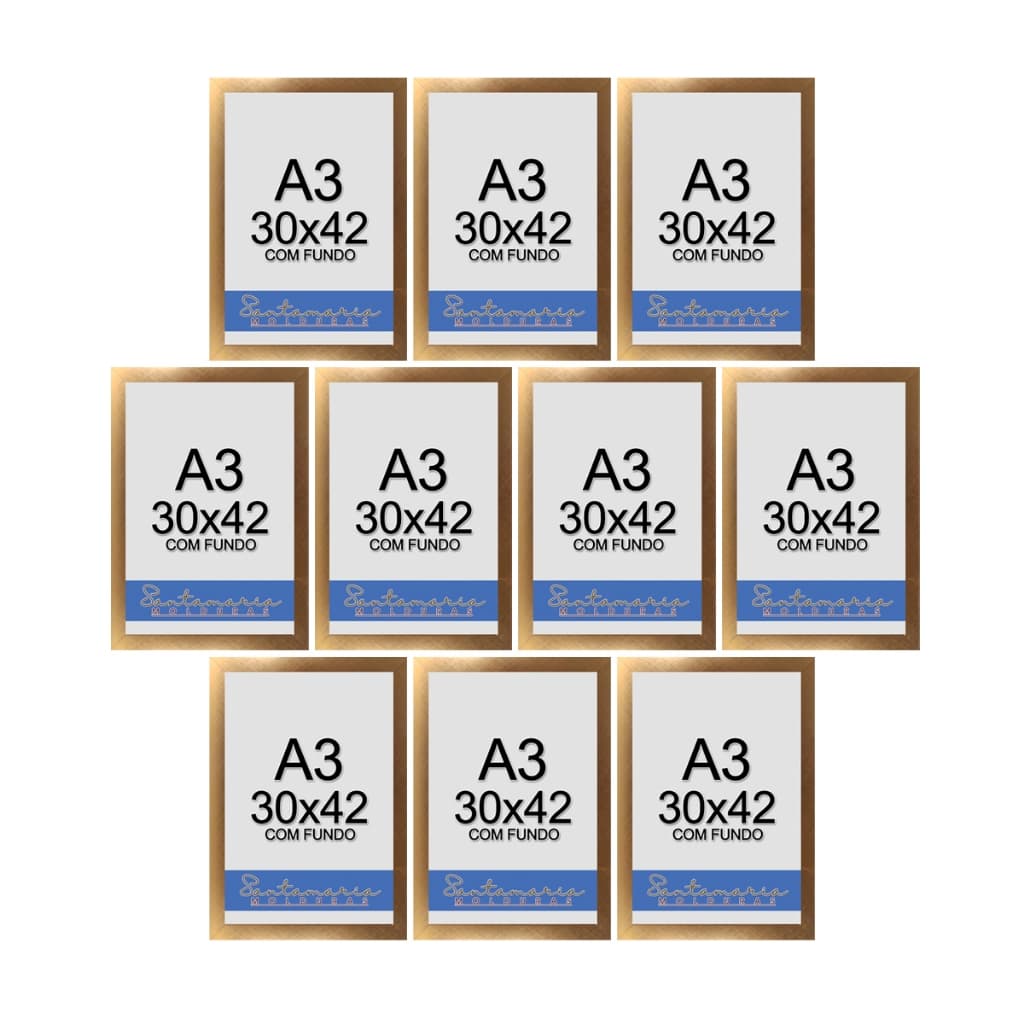 Kit 10 Molduras A3 Quadro Foto Painel Decoração Sem Vidro Dourado