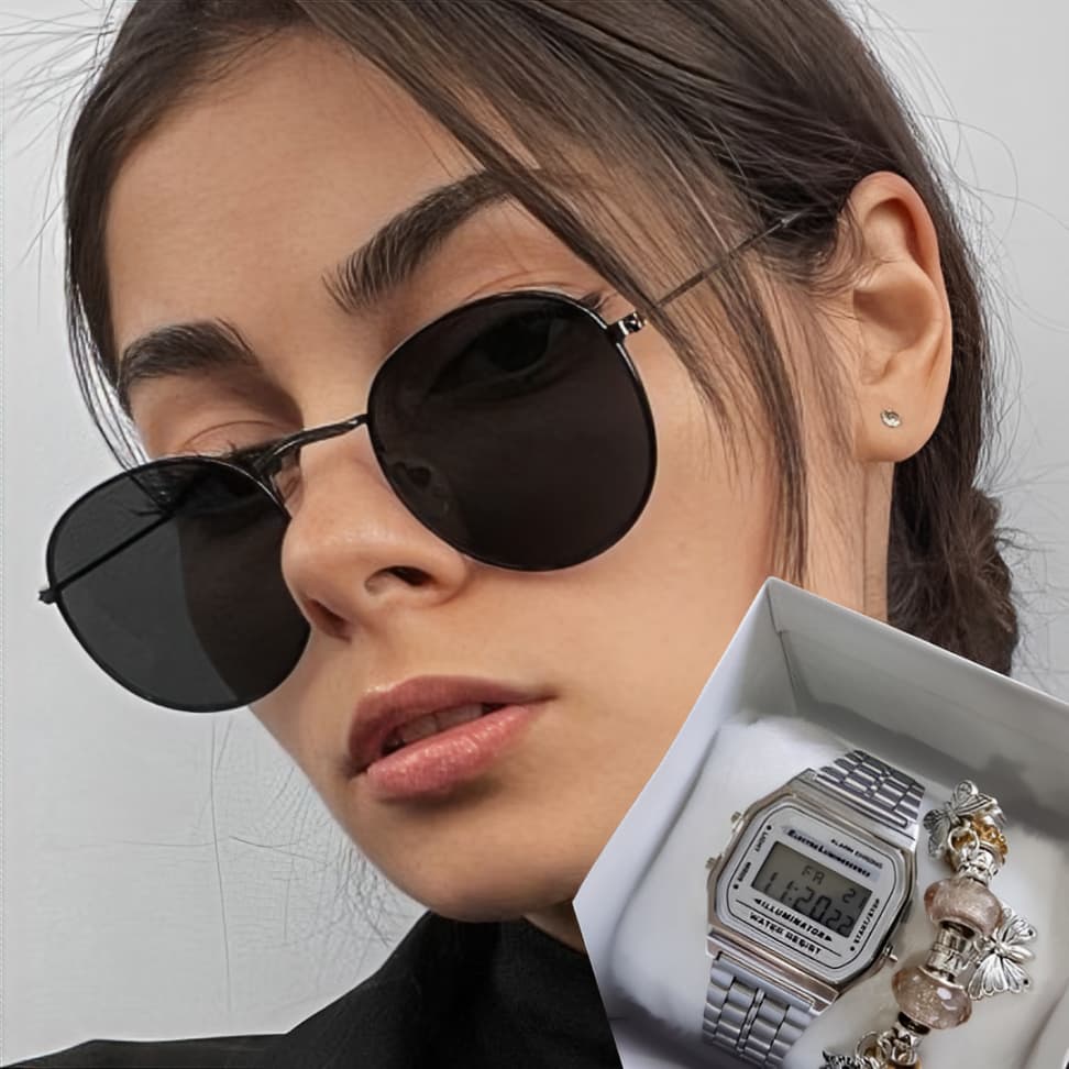 Óculos De Sol Feminino Metálico Redondo Inspire Chicago Estilo  Unissex Proteção UV 400 com Relógio e Pulseira