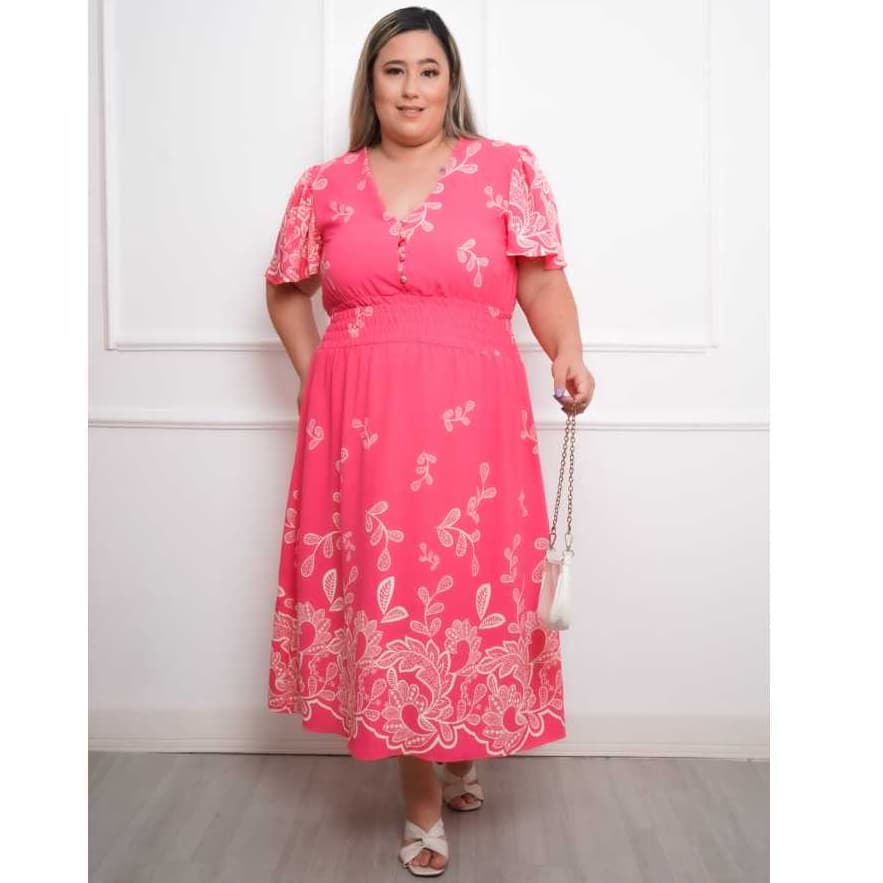 Vestido midi luxo plus size duna estampado botao manga curto 50053