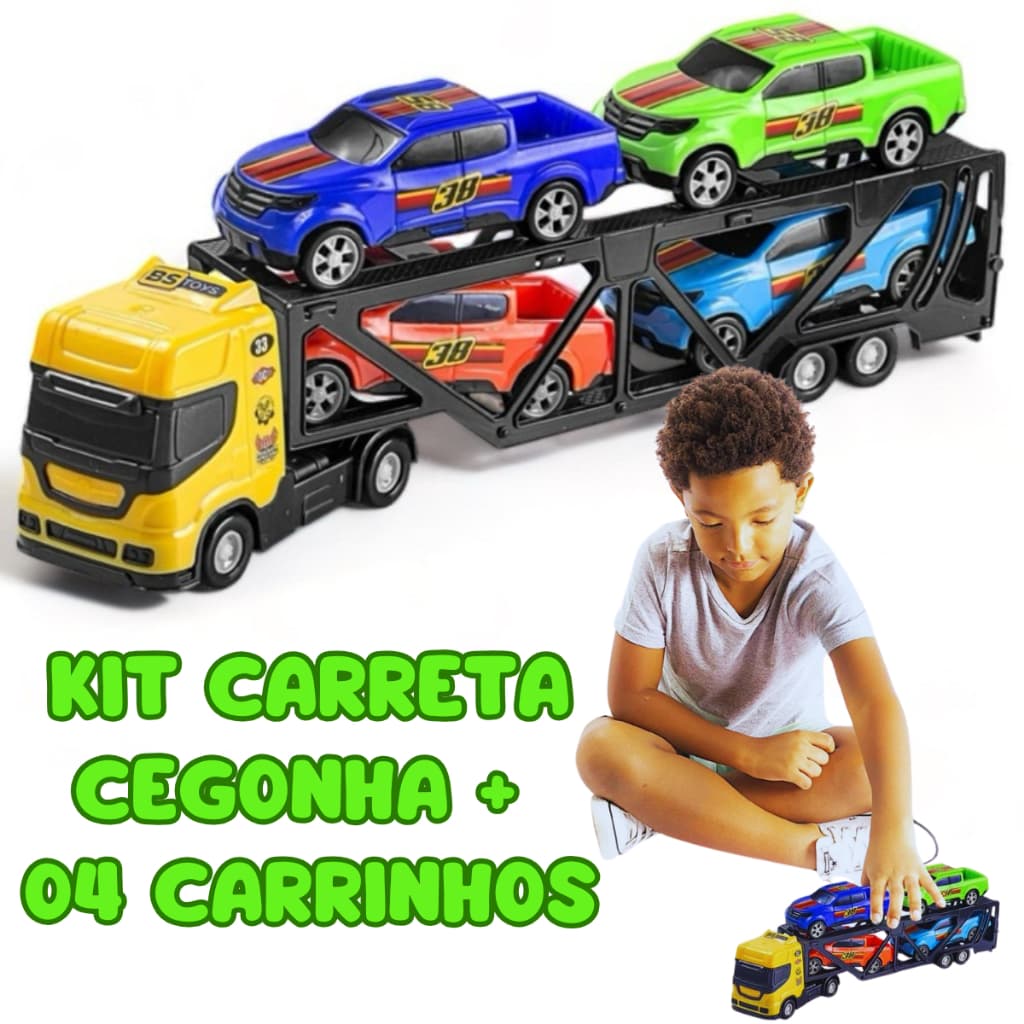 Kit Carreta Cegonha + 04 Carrinhos Picape Caminhão de Brinquedo Infantil 4 Pickups Para Crianças