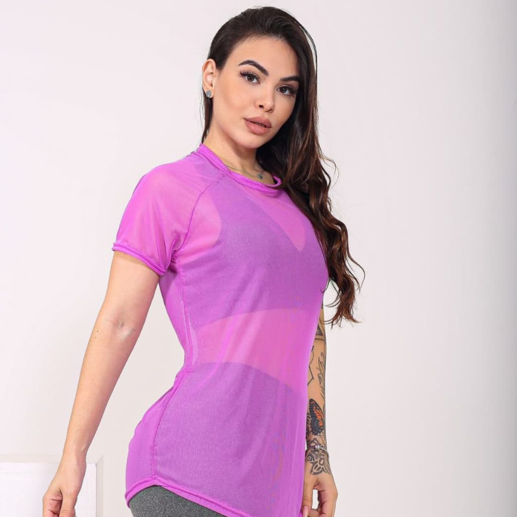 Long Line Tule Feminina Blusa Alongada Transparente Confortável Academia Fitnes