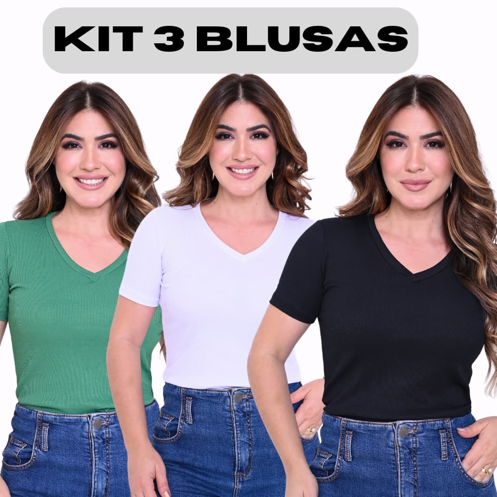 Kit 3 T-shirt Basica Feminina Gola V Decote Baby Tee Manga Curta Casual Canelada Blusa Feminino