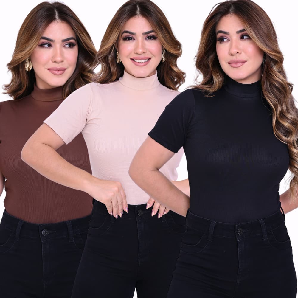 Kit com 3 Blusas Femininas Gola Alta Canelada T-shirt Manga Curta Basica Feminina