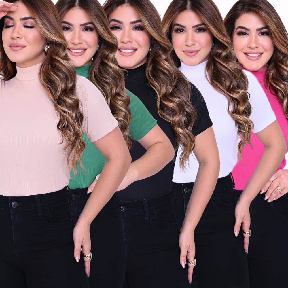 KIT 5 T-SHIRT FEMININA GOLA ALTA CANELADA LISA BLUSA BASICA PREMIUM CAMISA
