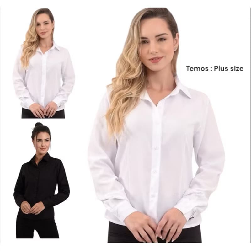 Camisa social feminina manga longa  camisete social feminina  gabardine cores  preta branca PP ao xgg