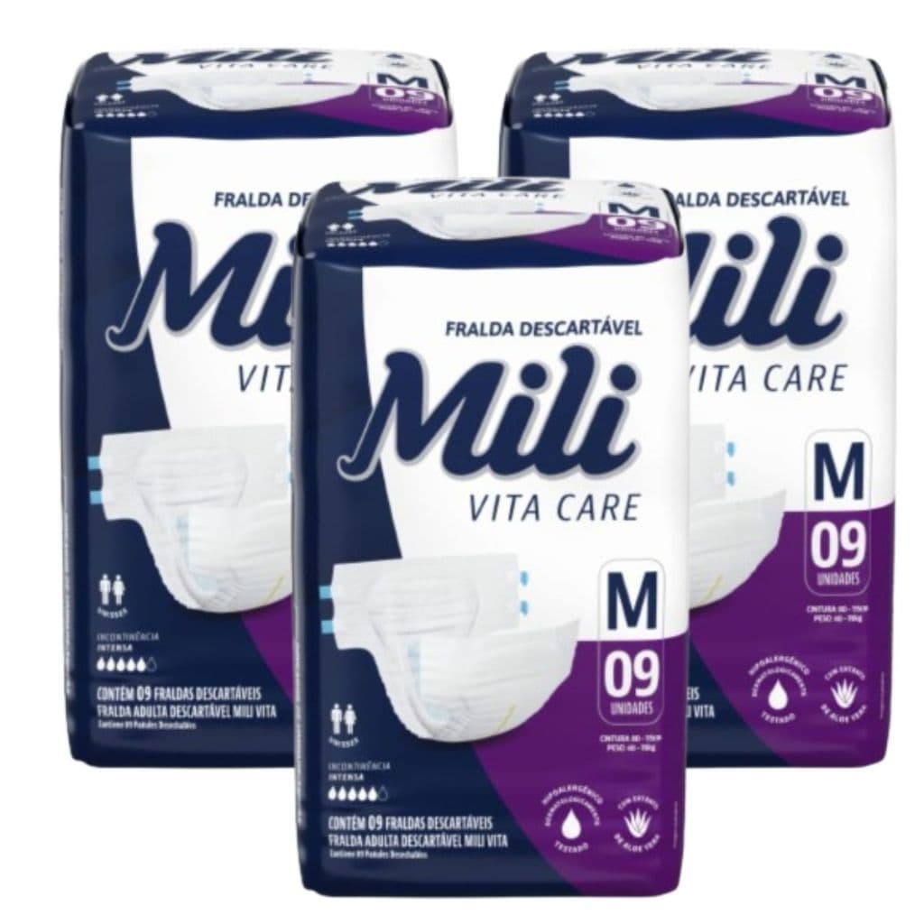 Fralda Geriátrica Adulto Mili Vita  Tam M   3 Pacotes com 9 fraldas   Total  27 fraldas com Super Gel
