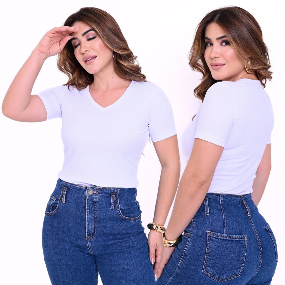 BLUSA GOLA V DECOTADA FEMININA CANELADA PREMIUM MANGA CURTA