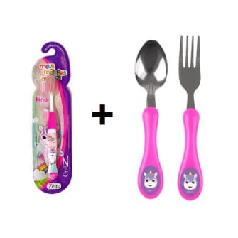 Kit Escova De Dentes Unicórnio + Kit Talher Colher E Garfo Unicornio Rosa