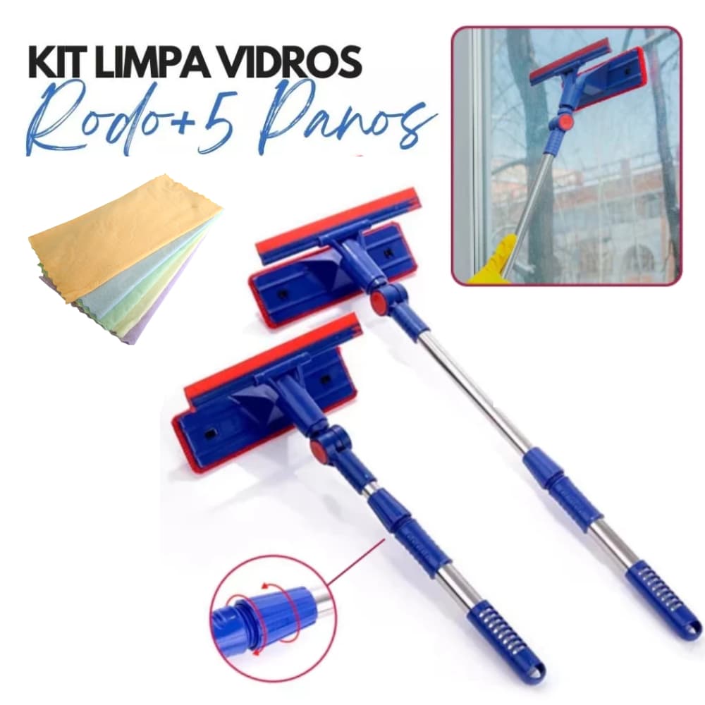 Rodo Mágico Limpa Vidro E Janelas Extensível Esponja 2 Em 1 + 5 Panos de Limpeza