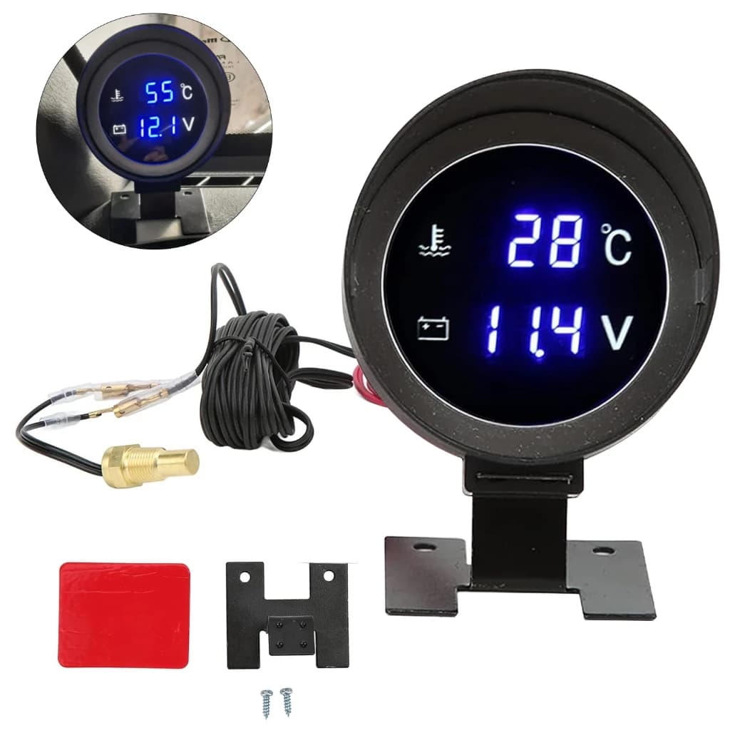Medidor De Temperatura Água De Caminhão Digital LCD Redondo Sensor Moto + Voltímetro Voltagem 2 Em 1