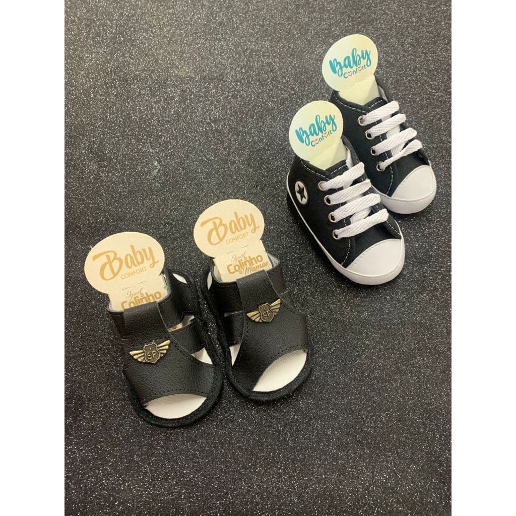 Kit 2 pares de bebê recém nascido - Tênis Preto e Sandália preta Masculina
