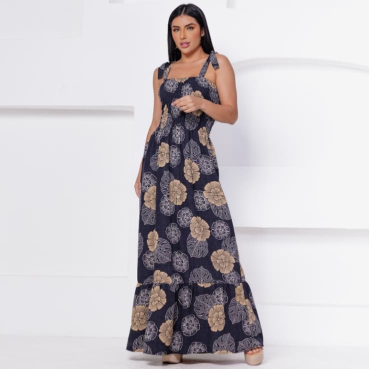 Vestido Longo De Lastex Com Alça Estampado Flor