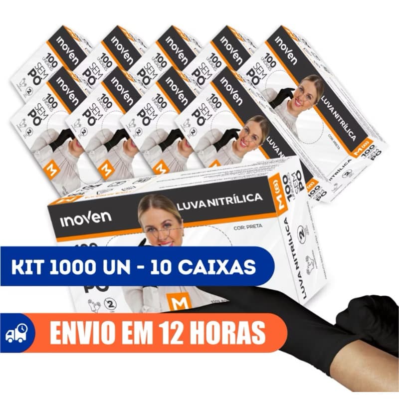 Luva Nitrílica Preta Kit 10 Caixas com 1000 Unidades - Inoven