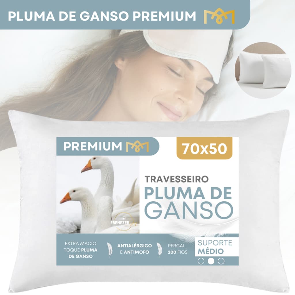 Travesseiro Pluma De Ganso Sintética Hipoalergênico Toque Macio Suave Firme Conforto Luxo Premium