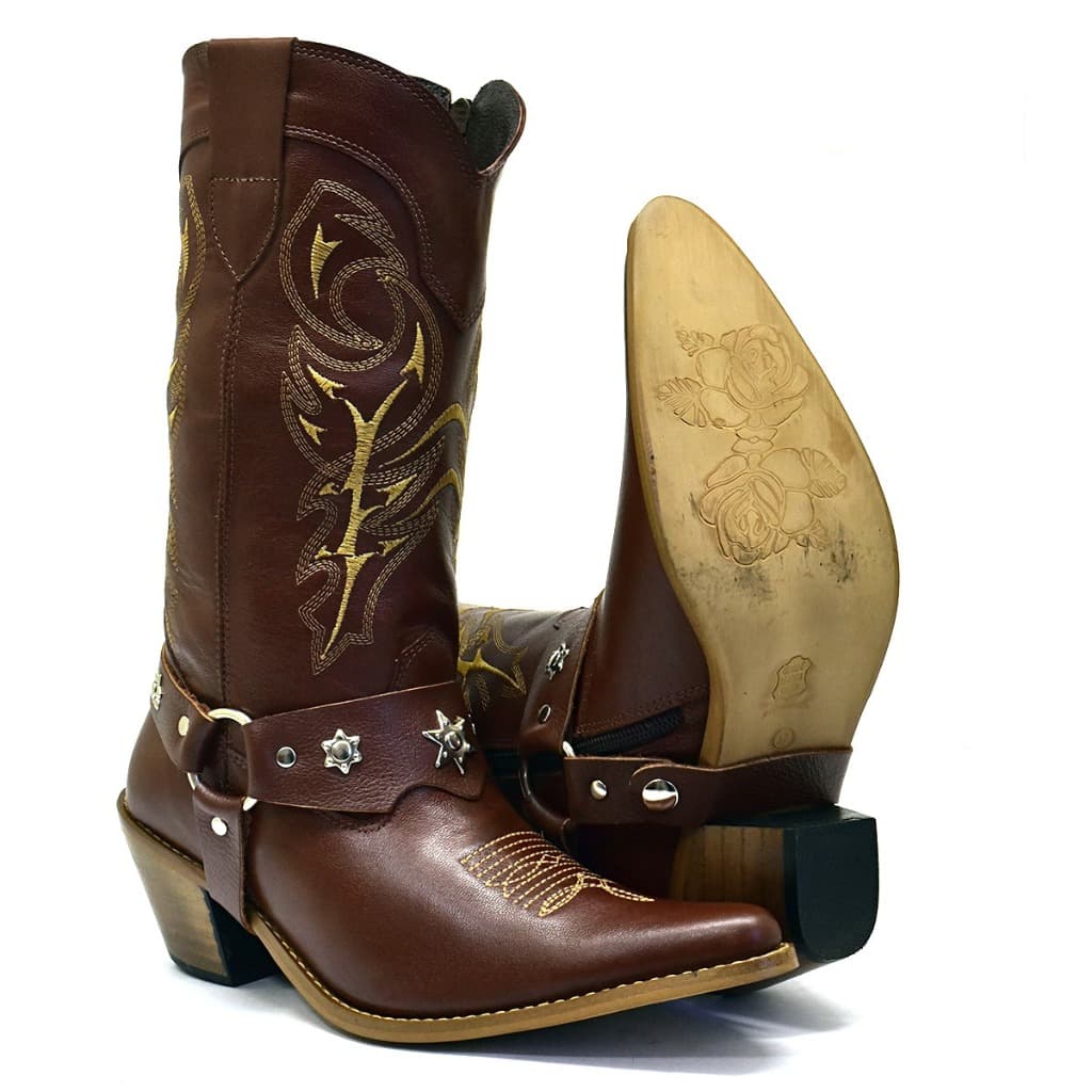 Bota Feminina Texana Country Marrom com Cabresto Removível Bico Fino, Bota Country Feminina Marrom Cano Médio