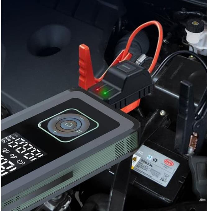 Bateria externa multifuncional 3 em 1 para carregar baterias de carro, inflar pneus e iluminar.