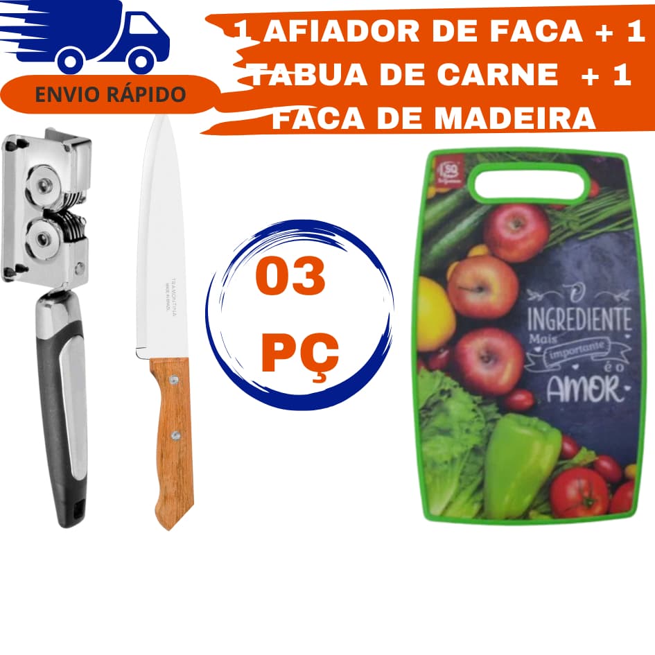 KIT 1 TÁUBA DE CORTAR 1 FACA DE MADEIRA 1 AMOLADOR DE FACA CORTA CARNES LEGUMES E VEGETAIS AFIADOR DE FACAS INOX