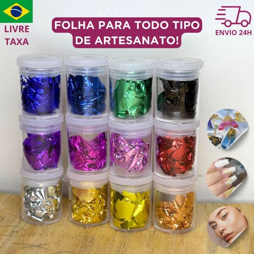 Kit 12 folha de ouro metálica colorida artesanato importada folhas resina epóxi nail metalizada pote