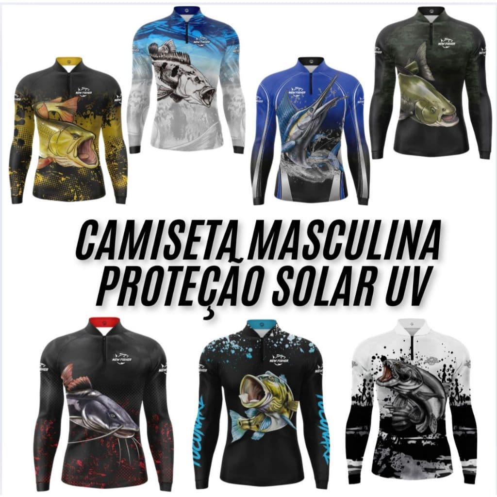 Camisa Camiseta de Pesca e Camuflada Gola Zíper Proteção Solar UV New Fisher